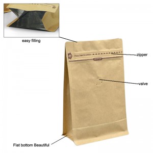 Tùy chỉnh vuông phẳng khối cơ sở đáy giấy kraft bên túi nhựa có khóa kéo hình dạng túi túi đáy phẳng đóng gói túi